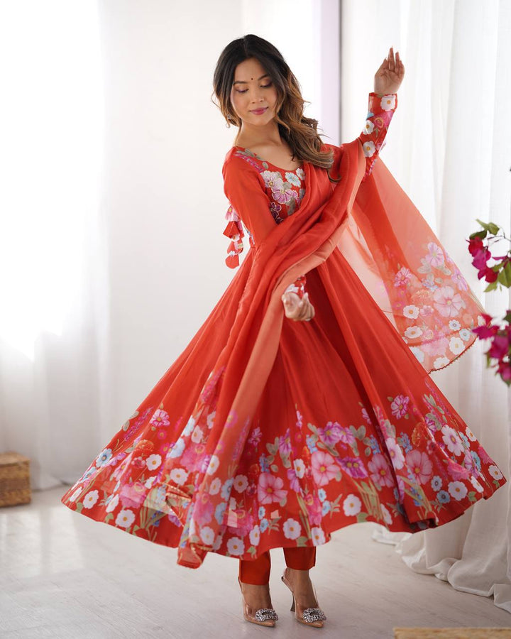 Rust Orange Floral Anarkali Suit Set with Dupatta | Georgette Embroidered Long Kurti | Festive & Wedding Wear for Women
