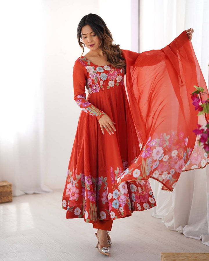 Rust Orange Floral Anarkali Suit Set with Dupatta | Georgette Embroidered Long Kurti | Festive & Wedding Wear for Women