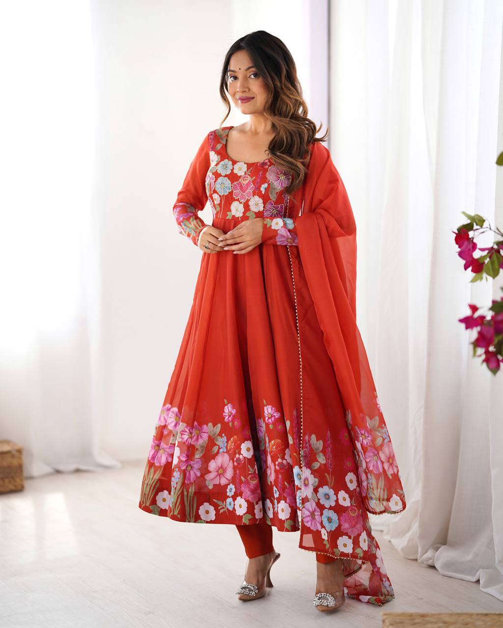 Rust Orange Floral Anarkali Suit Set with Dupatta | Georgette Embroidered Long Kurti | Festive & Wedding Wear for Women