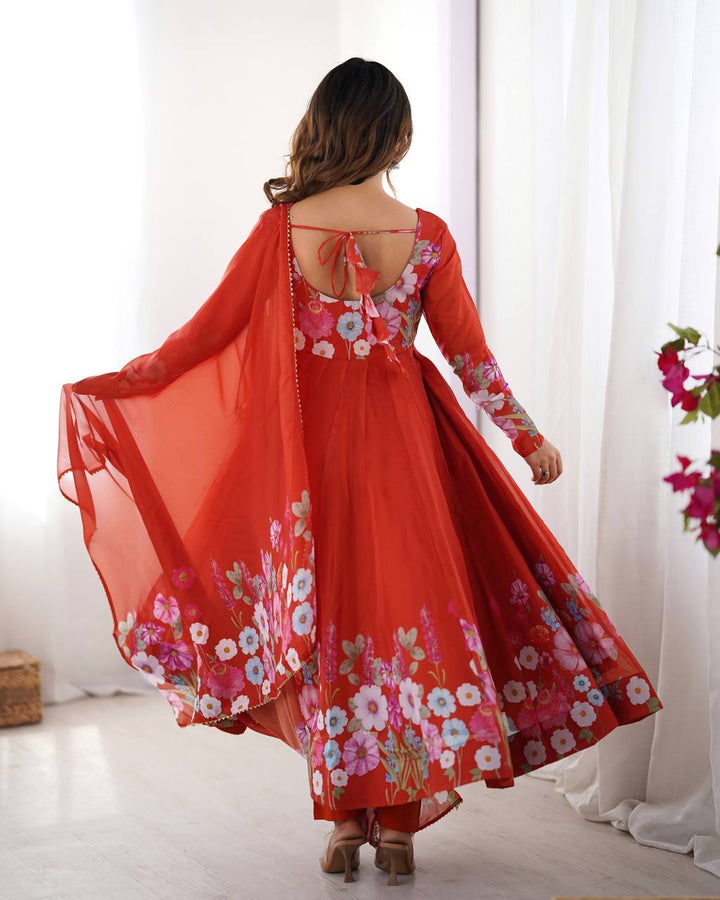 Rust Orange Floral Anarkali Suit Set with Dupatta | Georgette Embroidered Long Kurti | Festive & Wedding Wear for Women