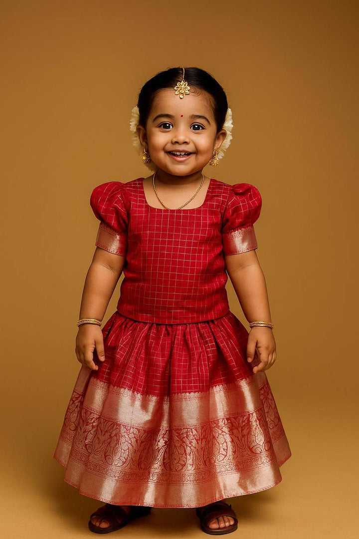 Traditional Red Silk Kids Lehenga Choli with Zari Border and Tassels – Festive Wear