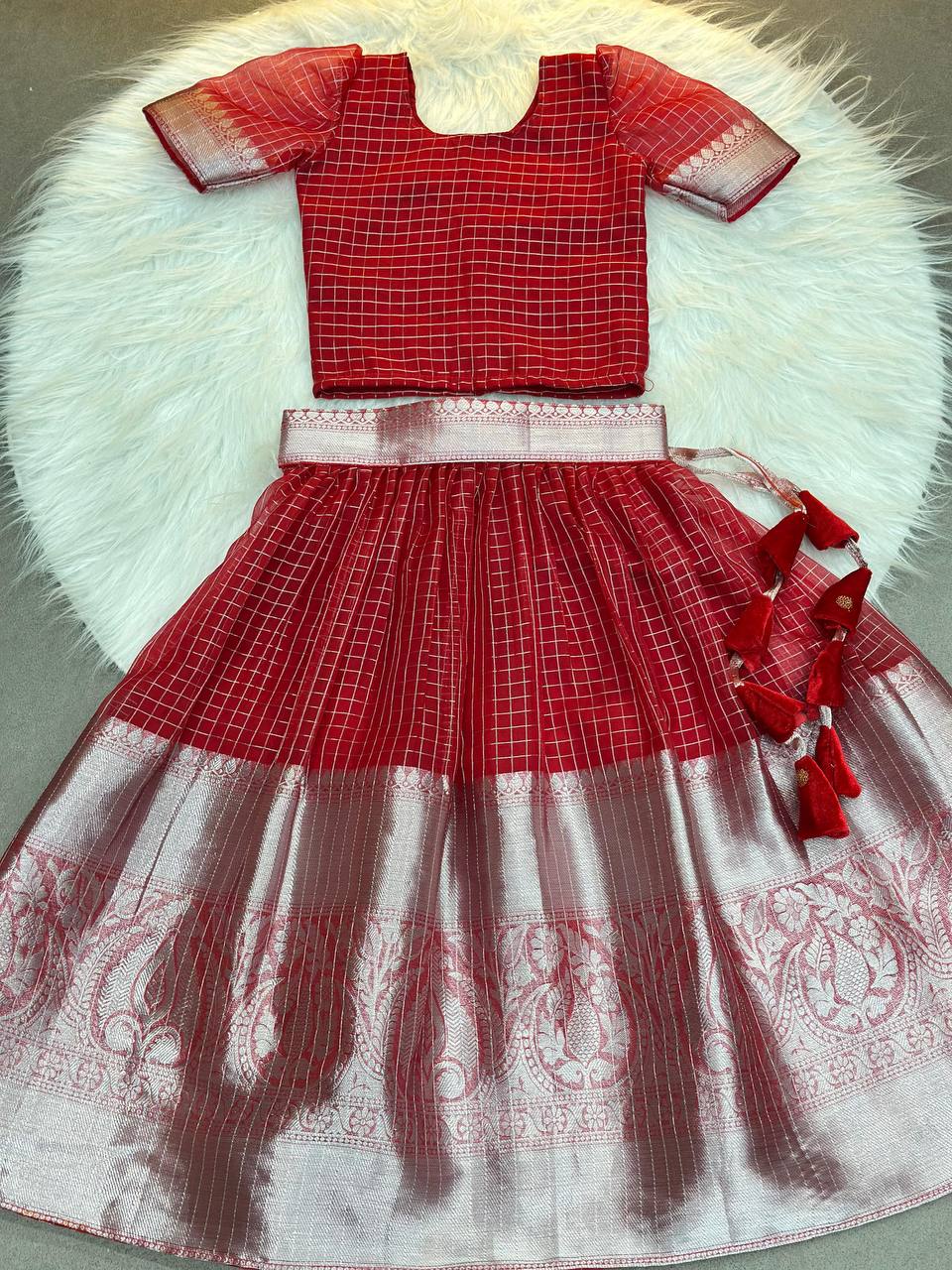 Traditional Red Silk Kids Lehenga Choli with Zari Border and Tassels – Festive Wear
