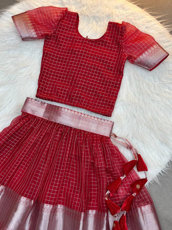 Traditional Red Silk Kids Lehenga Choli with Zari Border and Tassels – Festive Wear