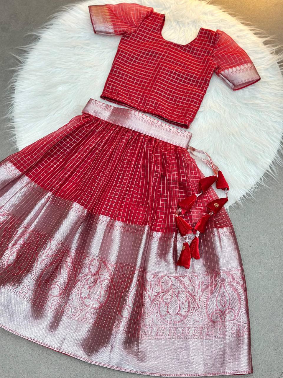Traditional Red Silk Kids Lehenga Choli with Zari Border and Tassels – Festive Wear