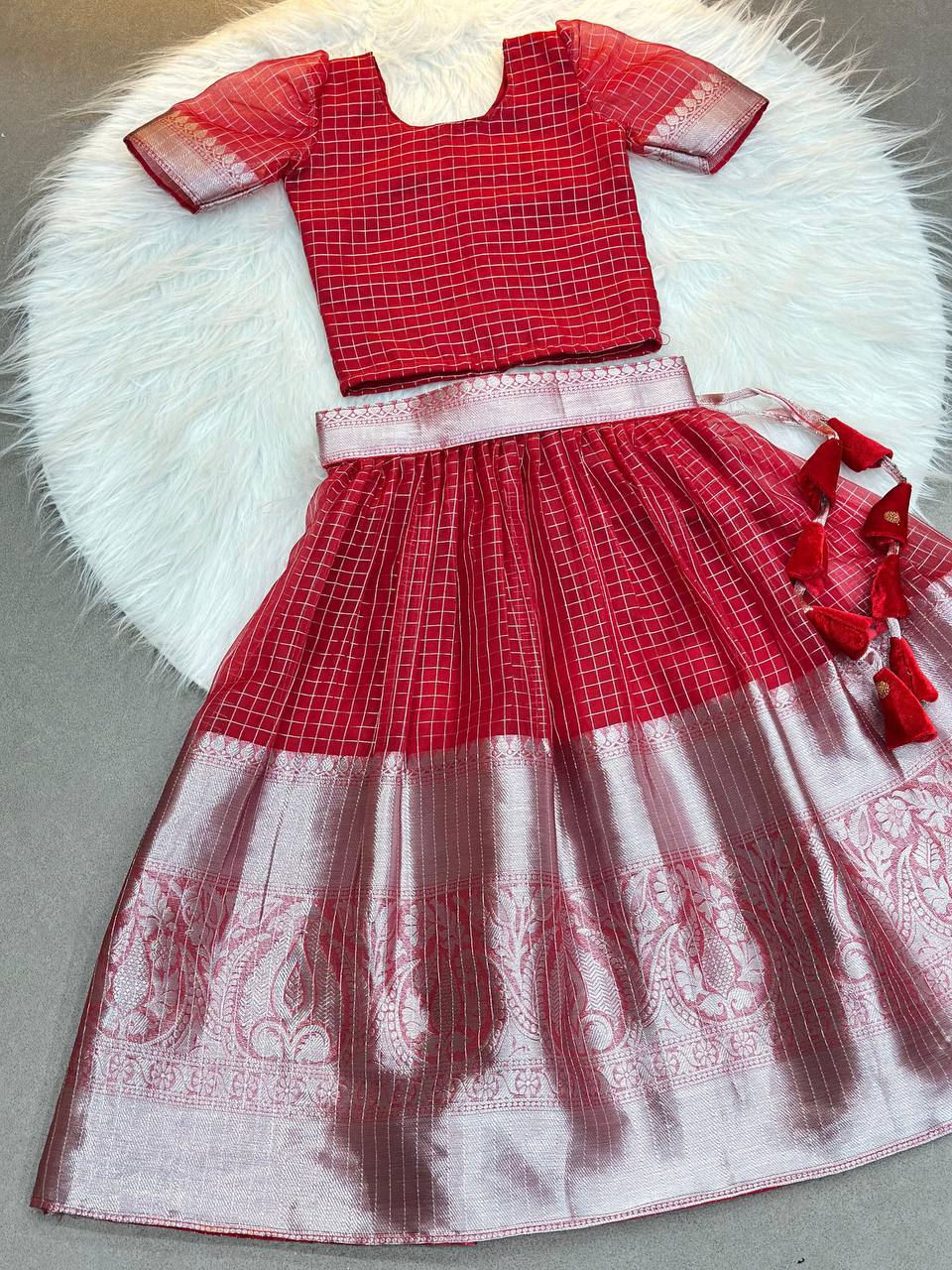 Traditional Red Silk Kids Lehenga Choli with Zari Border and Tassels – Festive Wear