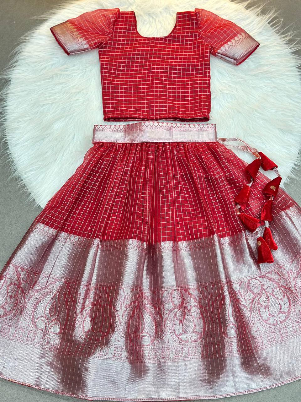 Traditional Red Silk Kids Lehenga Choli with Zari Border and Tassels – Festive Wear