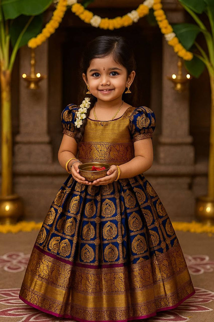 Dark Blue & Gold Silk Brocade Kids Pattu Pavadai – Traditional Festive Wear for Girls