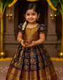 Dark Blue & Gold Silk Brocade Kids Pattu Pavadai – Traditional Festive Wear for Girls