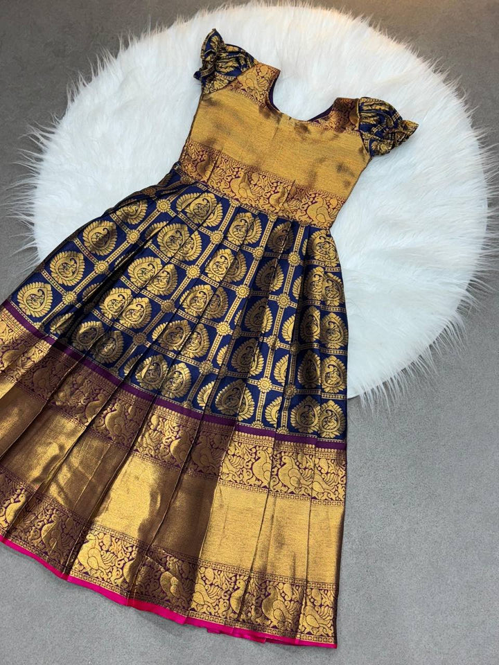 Dark Blue & Gold Silk Brocade Kids Pattu Pavadai – Traditional Festive Wear for Girls