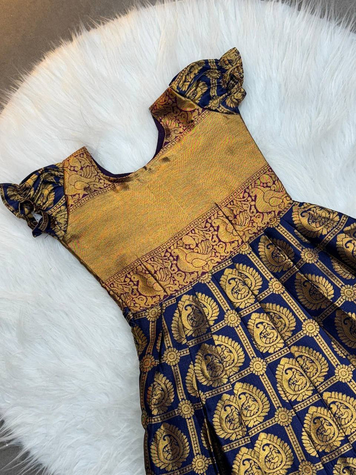 Dark Blue & Gold Silk Brocade Kids Pattu Pavadai – Traditional Festive Wear for Girls
