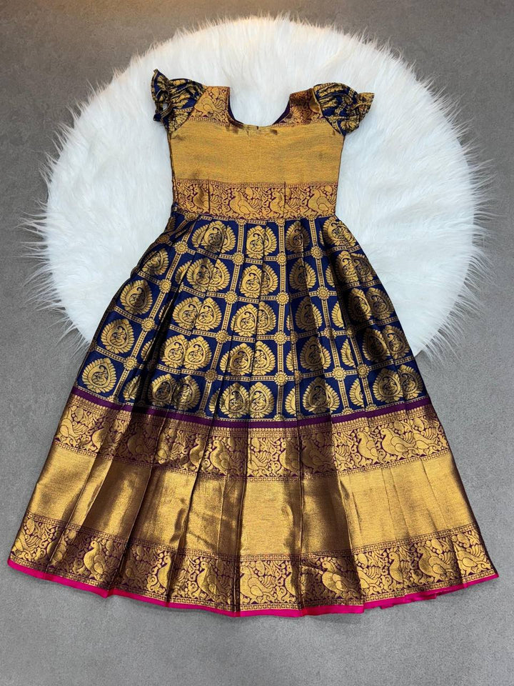 Dark Blue & Gold Silk Brocade Kids Pattu Pavadai – Traditional Festive Wear for Girls