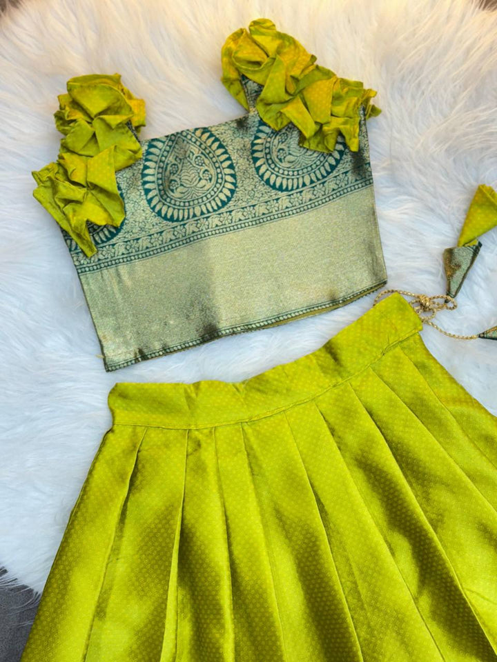 Parrot Green Silk Kids Lehenga Choli with Puff Sleeves and Zari Border – Traditional Festive Wear