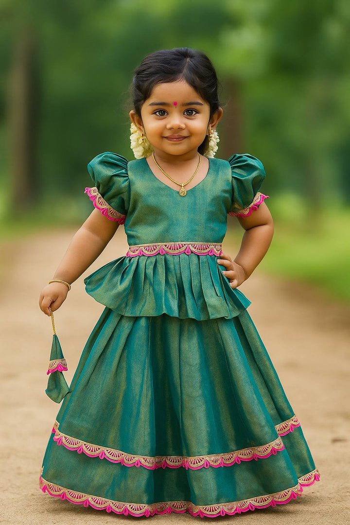 Traditional South Indian Silk Frock for Baby Girls – Green & Pink Pattu Pavadai Style Dress with Puff Sleeves