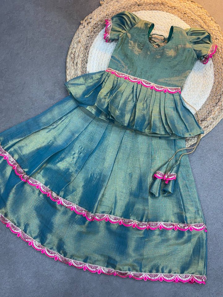 Traditional South Indian Silk Frock for Baby Girls – Green & Pink Pattu Pavadai Style Dress with Puff Sleeves