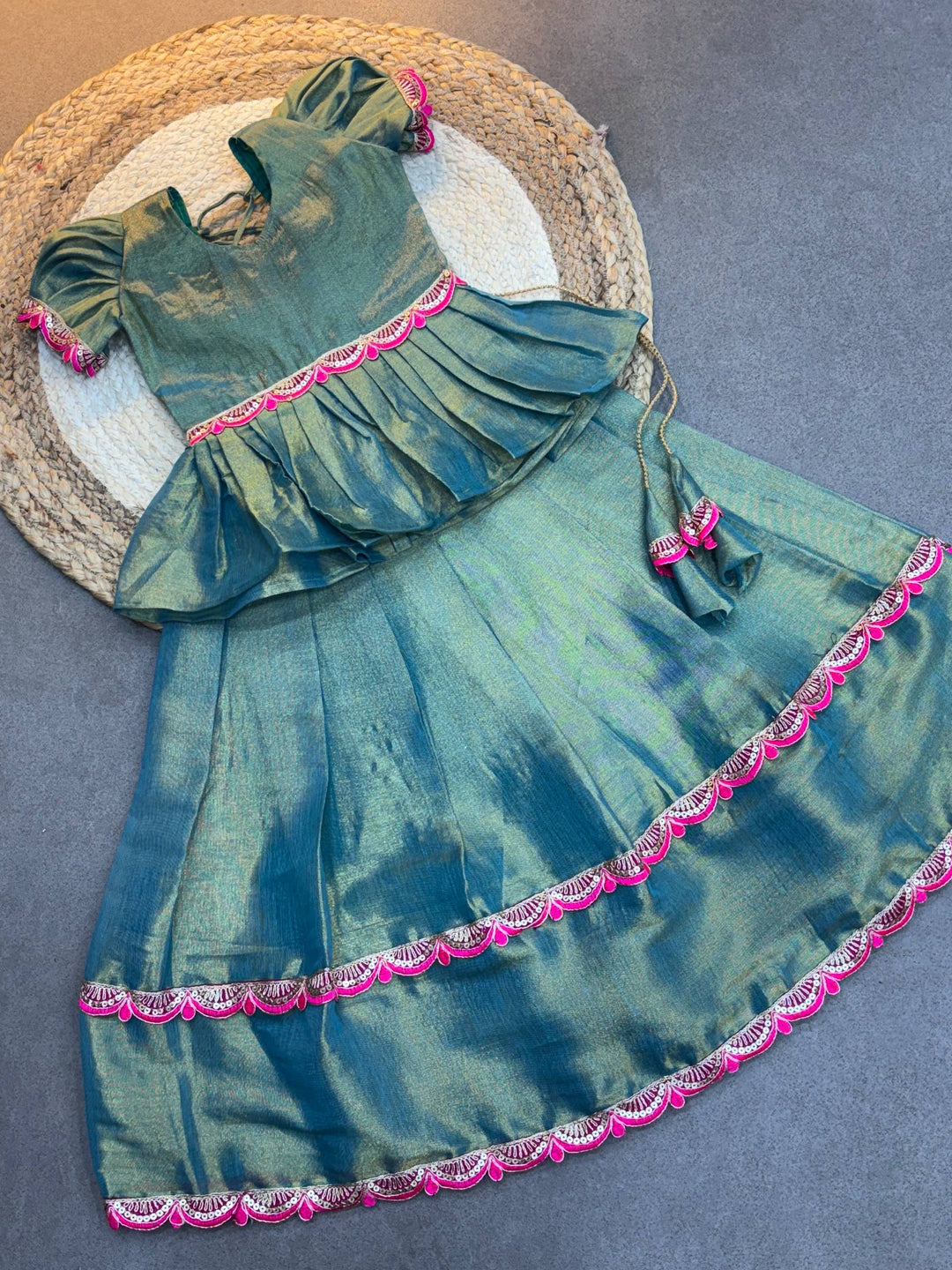 Traditional South Indian Silk Frock for Baby Girls – Green & Pink Pattu Pavadai Style Dress with Puff Sleeves
