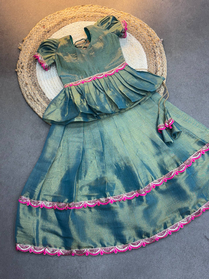 Traditional South Indian Silk Frock for Baby Girls – Green & Pink Pattu Pavadai Style Dress with Puff Sleeves