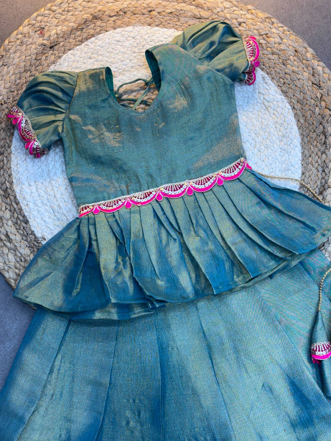 Traditional South Indian Silk Frock for Baby Girls – Green & Pink Pattu Pavadai Style Dress with Puff Sleeves