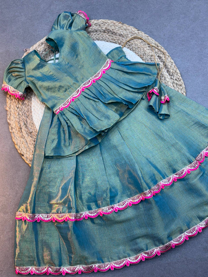 Traditional South Indian Silk Frock for Baby Girls – Green & Pink Pattu Pavadai Style Dress with Puff Sleeves