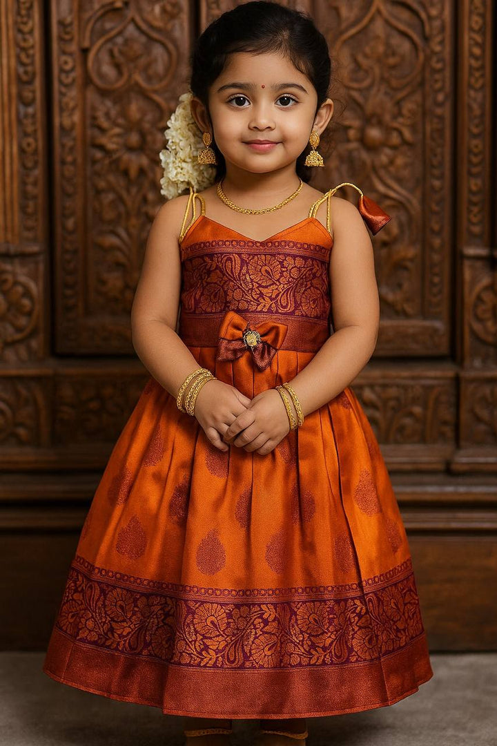 Girls' Orange and Maroon Silk Pattu Dress – Festive Wear for Kids