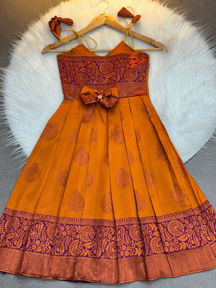 Girls' Orange and Maroon Silk Pattu Dress – Festive Wear for Kids