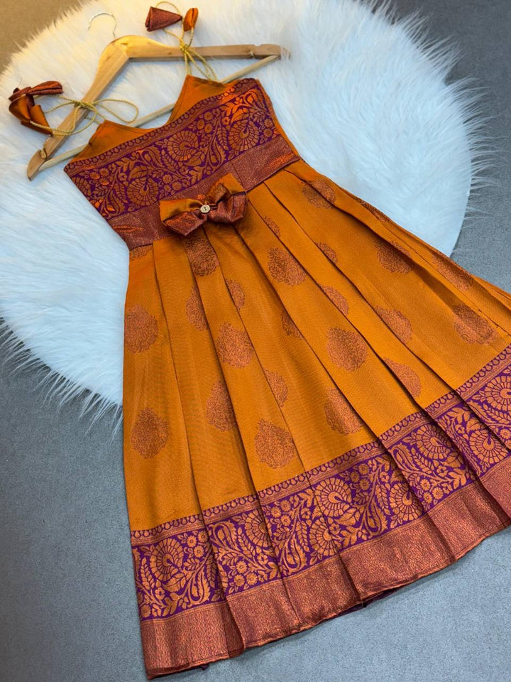 Girls' Orange and Maroon Silk Pattu Dress – Festive Wear for Kids