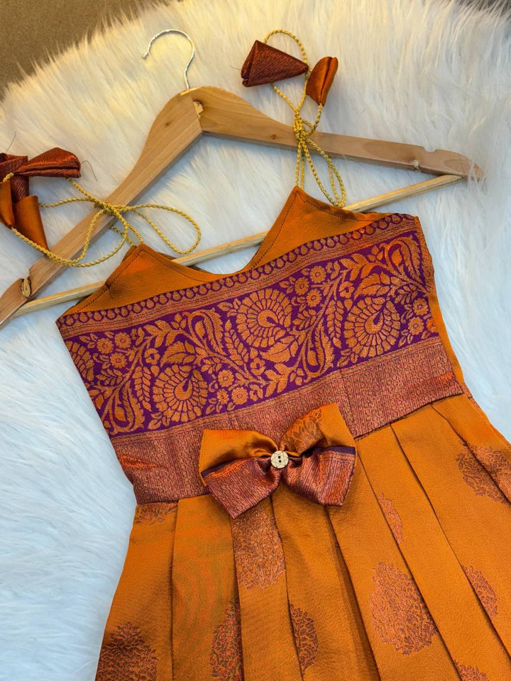 Girls' Orange and Maroon Silk Pattu Dress – Festive Wear for Kids
