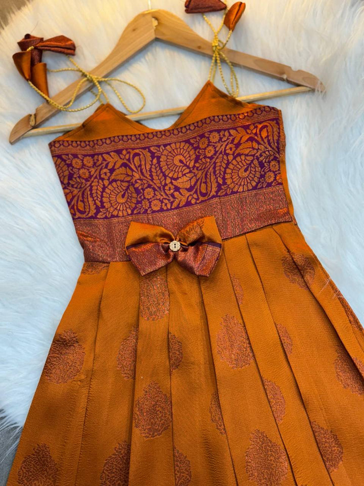Girls' Orange and Maroon Silk Pattu Dress – Festive Wear for Kids