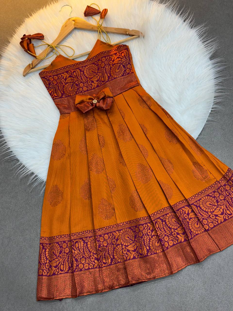 Girls' Orange and Maroon Silk Pattu Dress – Festive Wear for Kids