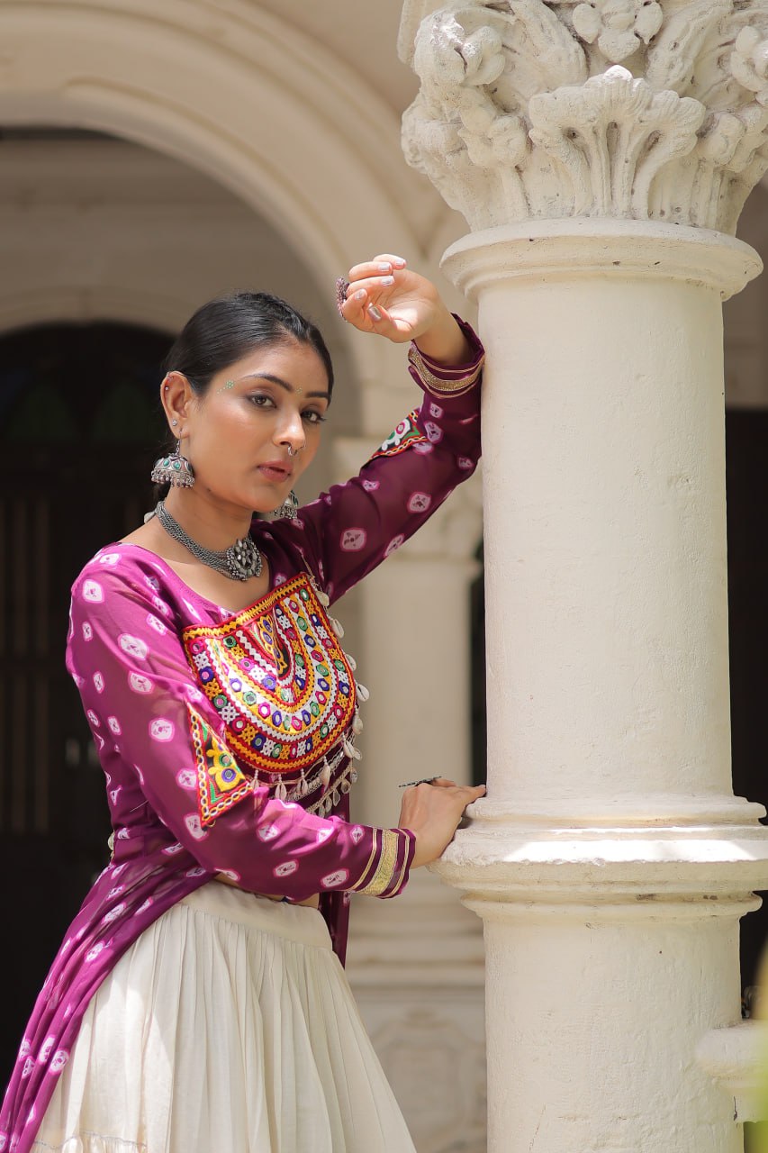 Wine & Chiku Navratri Chaniya Choli with Mirror Work – Traditional Garba & Dandiya Outfit for Women