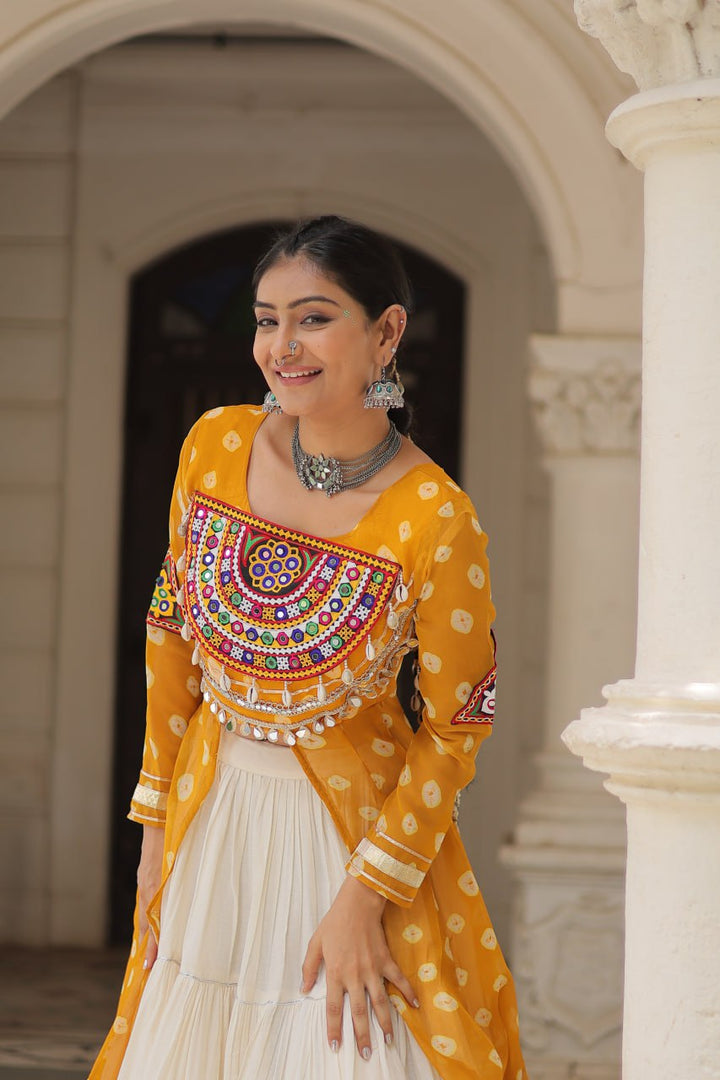Yellow & Chiku Navratri Chaniya Choli with Mirror Work – Traditional Garba & Dandiya Outfit for Women