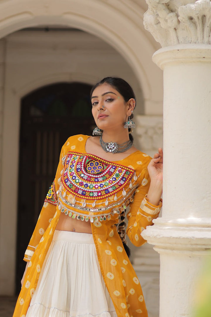 Yellow & Chiku Navratri Chaniya Choli with Mirror Work – Traditional Garba & Dandiya Outfit for Women