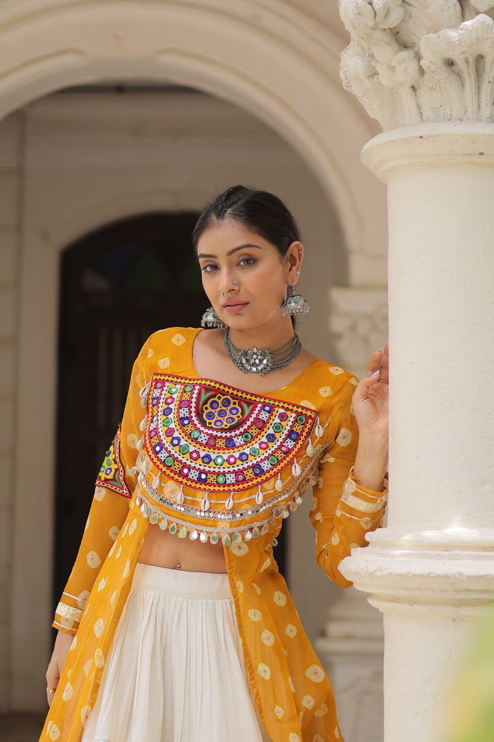 Yellow & Chiku Navratri Chaniya Choli with Mirror Work – Traditional Garba & Dandiya Outfit for Women