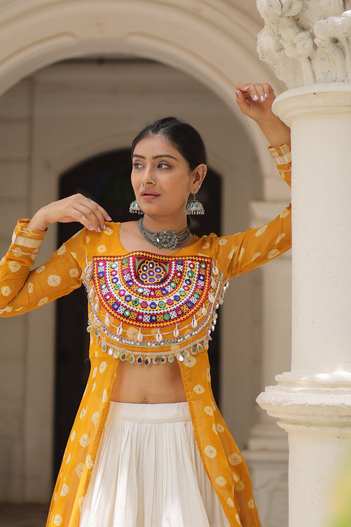 Yellow & Chiku Navratri Chaniya Choli with Mirror Work – Traditional Garba & Dandiya Outfit for Women