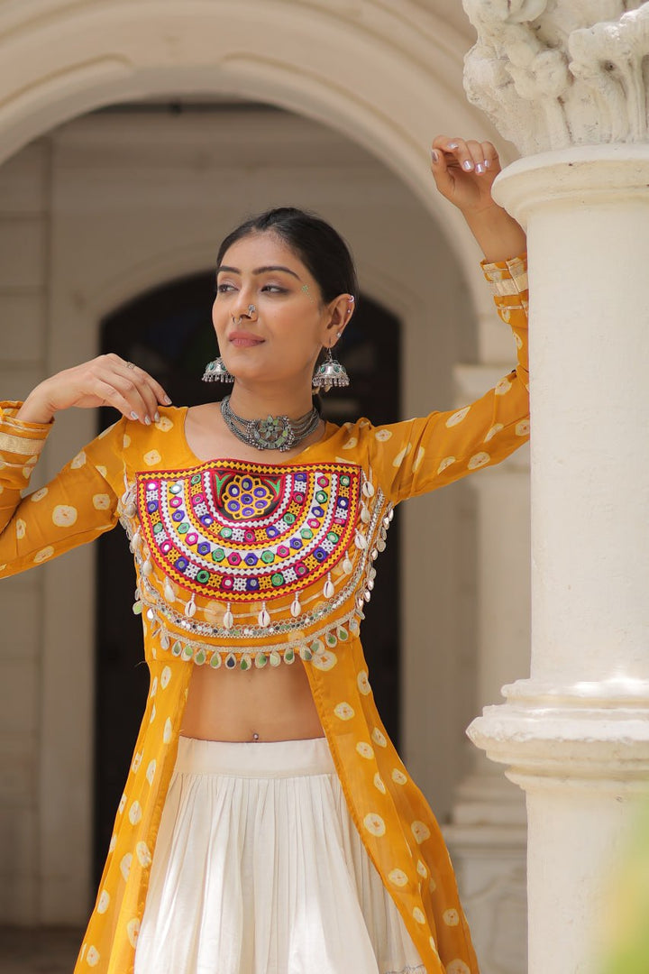 Yellow & Chiku Navratri Chaniya Choli with Mirror Work – Traditional Garba & Dandiya Outfit for Women