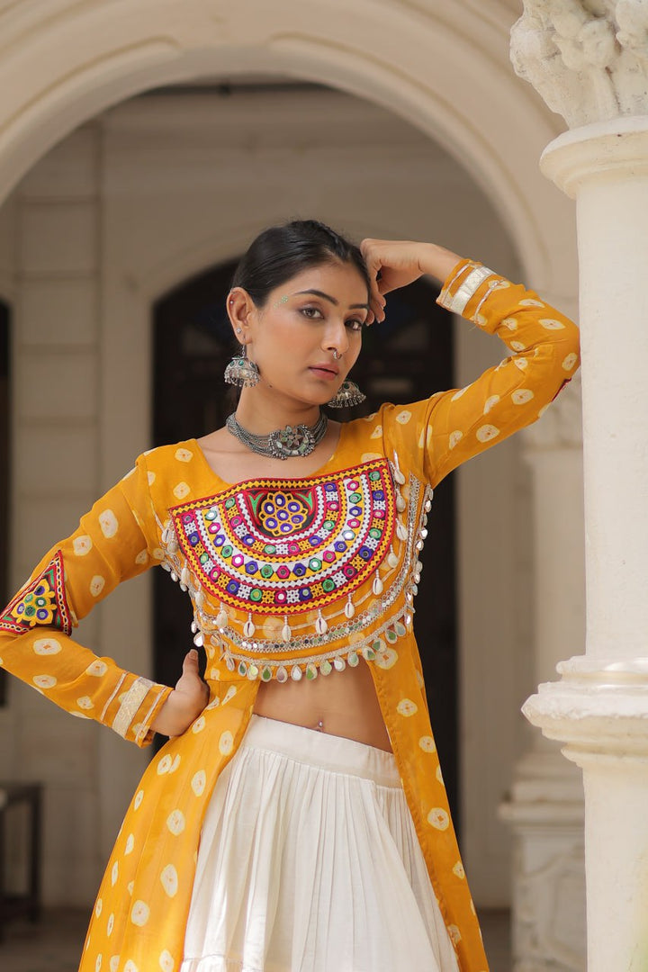 Yellow & Chiku Navratri Chaniya Choli with Mirror Work – Traditional Garba & Dandiya Outfit for Women