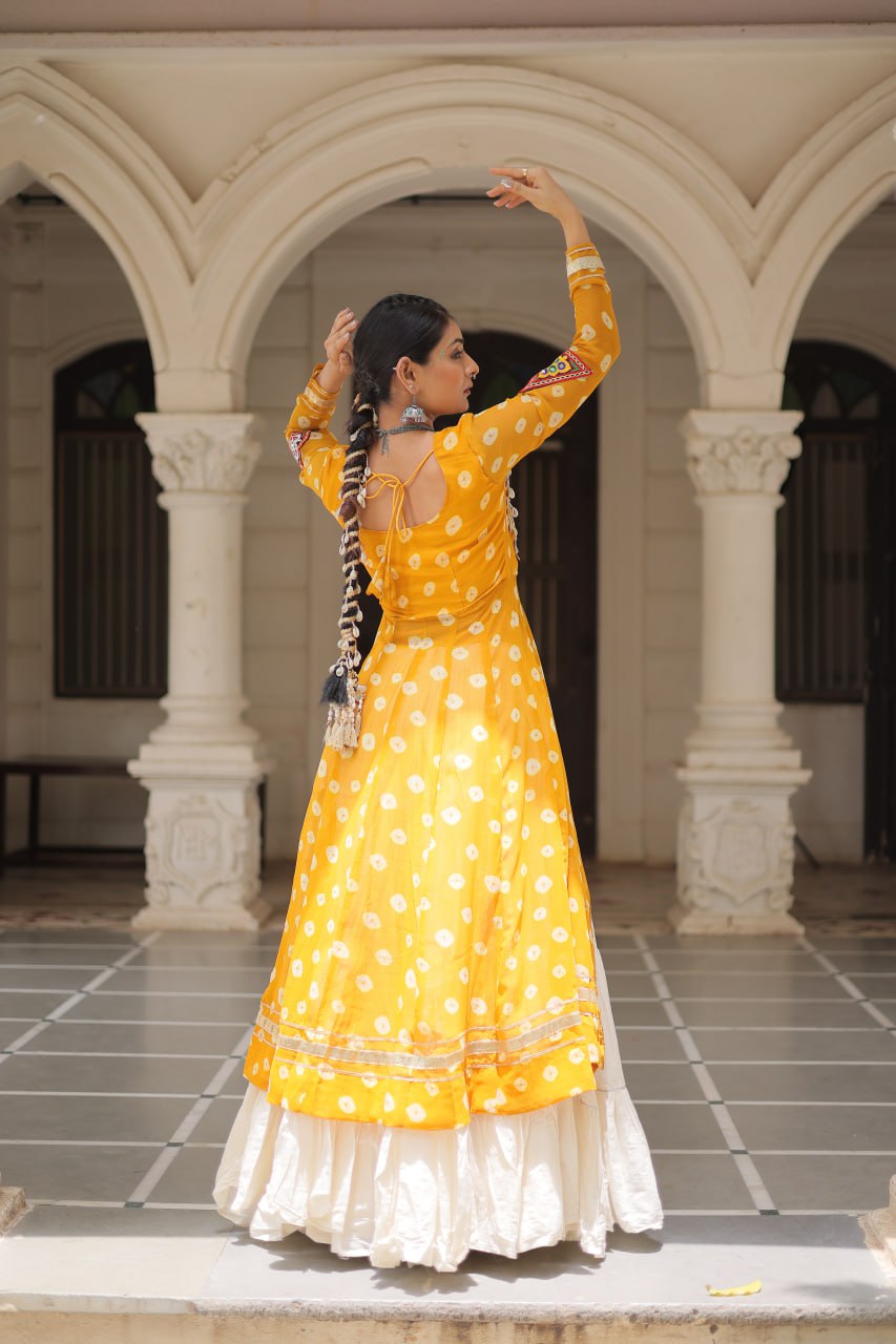 Yellow & Chiku Navratri Chaniya Choli with Mirror Work – Traditional Garba & Dandiya Outfit for Women