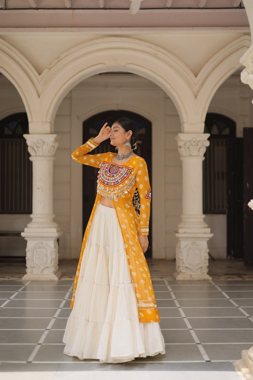 Yellow & Chiku Navratri Chaniya Choli with Mirror Work – Traditional Garba & Dandiya Outfit for Women