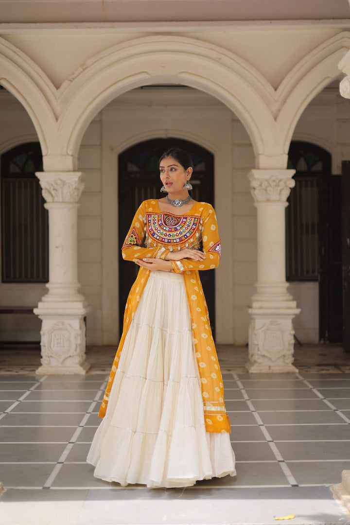 Yellow & Chiku Navratri Chaniya Choli with Mirror Work – Traditional Garba & Dandiya Outfit for Women