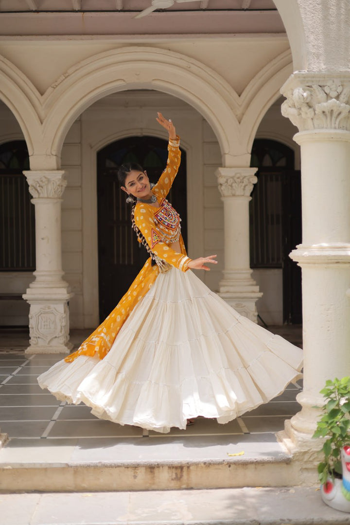 Yellow & Chiku Navratri Chaniya Choli with Mirror Work – Traditional Garba & Dandiya Outfit for Women