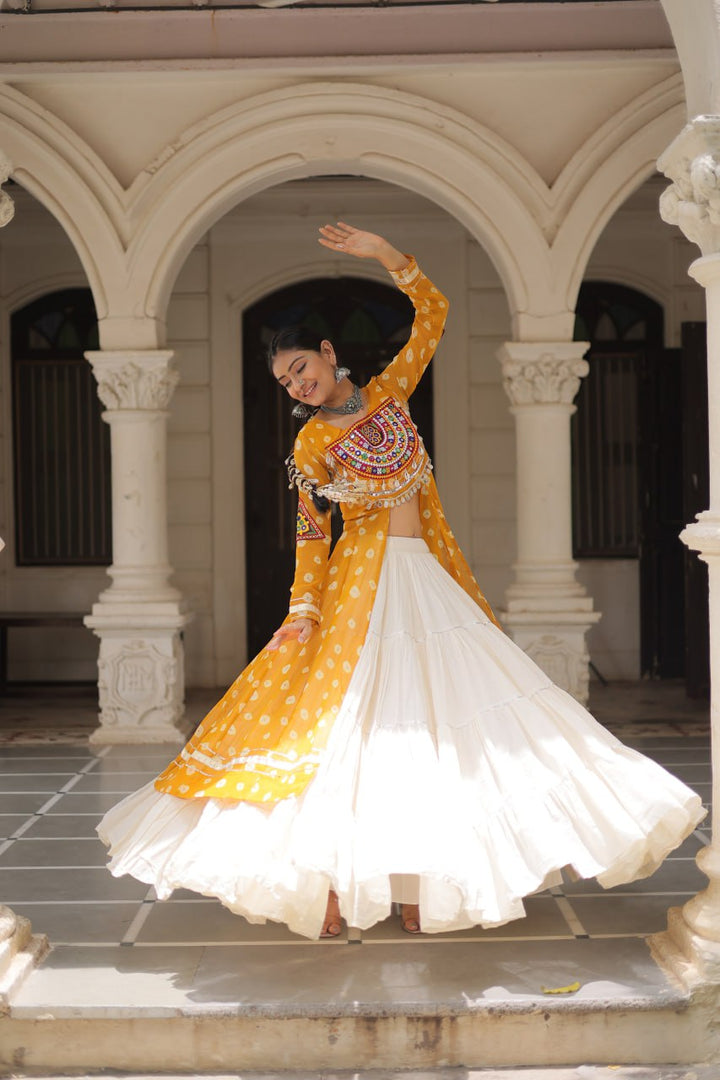 Yellow & Chiku Navratri Chaniya Choli with Mirror Work – Traditional Garba & Dandiya Outfit for Women