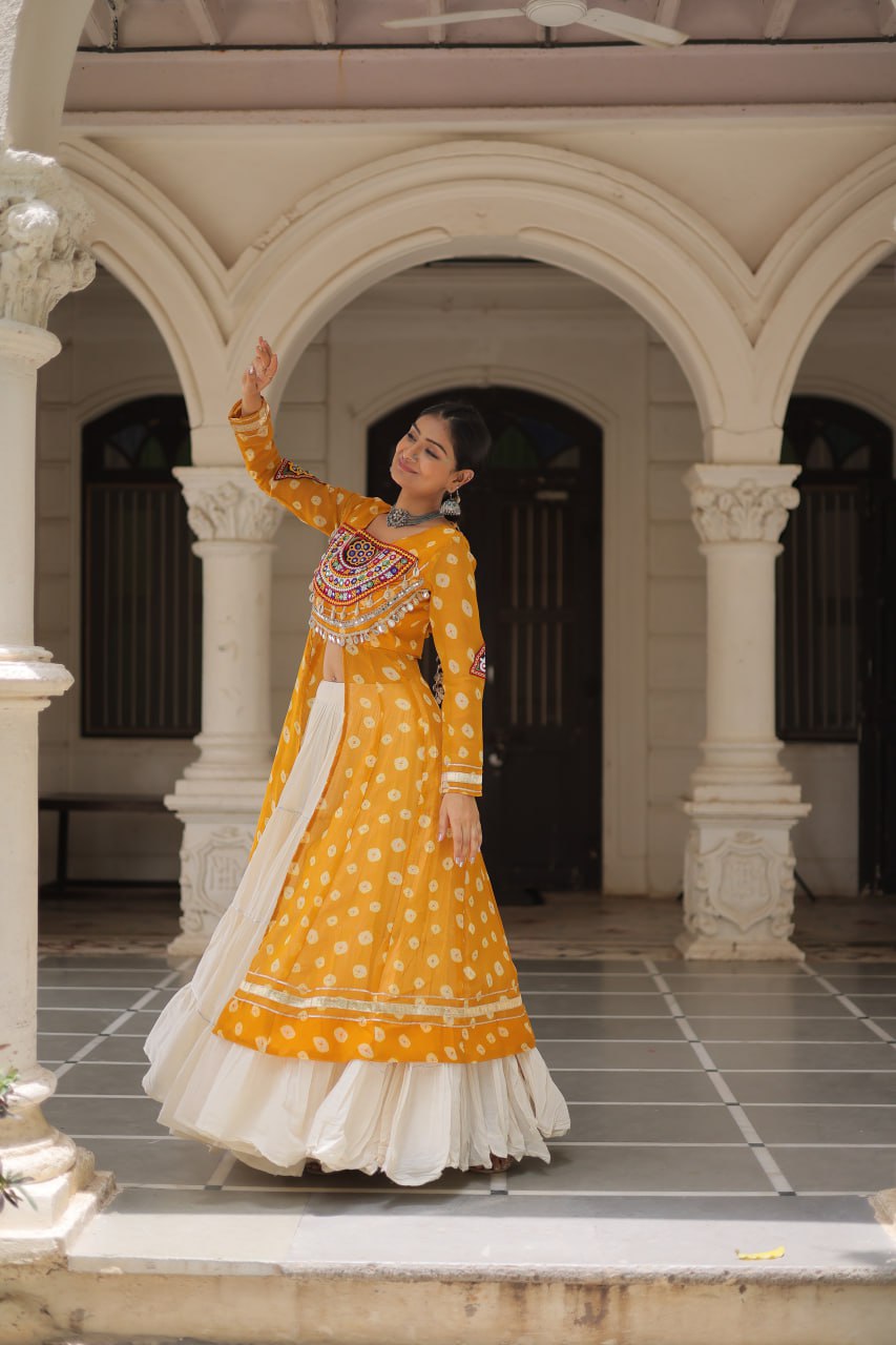 Yellow & Chiku Navratri Chaniya Choli with Mirror Work – Traditional Garba & Dandiya Outfit for Women