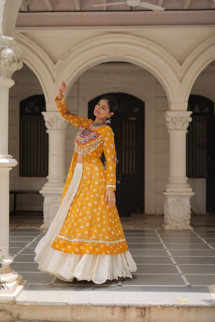 Yellow & Chiku Navratri Chaniya Choli with Mirror Work – Traditional Garba & Dandiya Outfit for Women