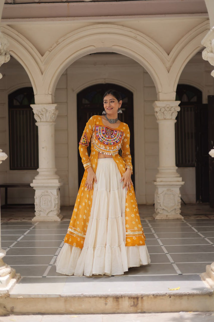 Yellow & Chiku Navratri Chaniya Choli with Mirror Work – Traditional Garba & Dandiya Outfit for Women