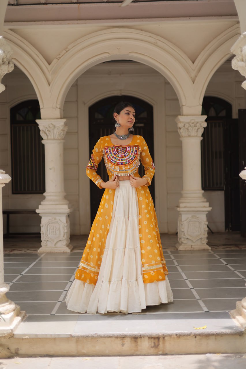 Yellow & Chiku Navratri Chaniya Choli with Mirror Work – Traditional Garba & Dandiya Outfit for Women