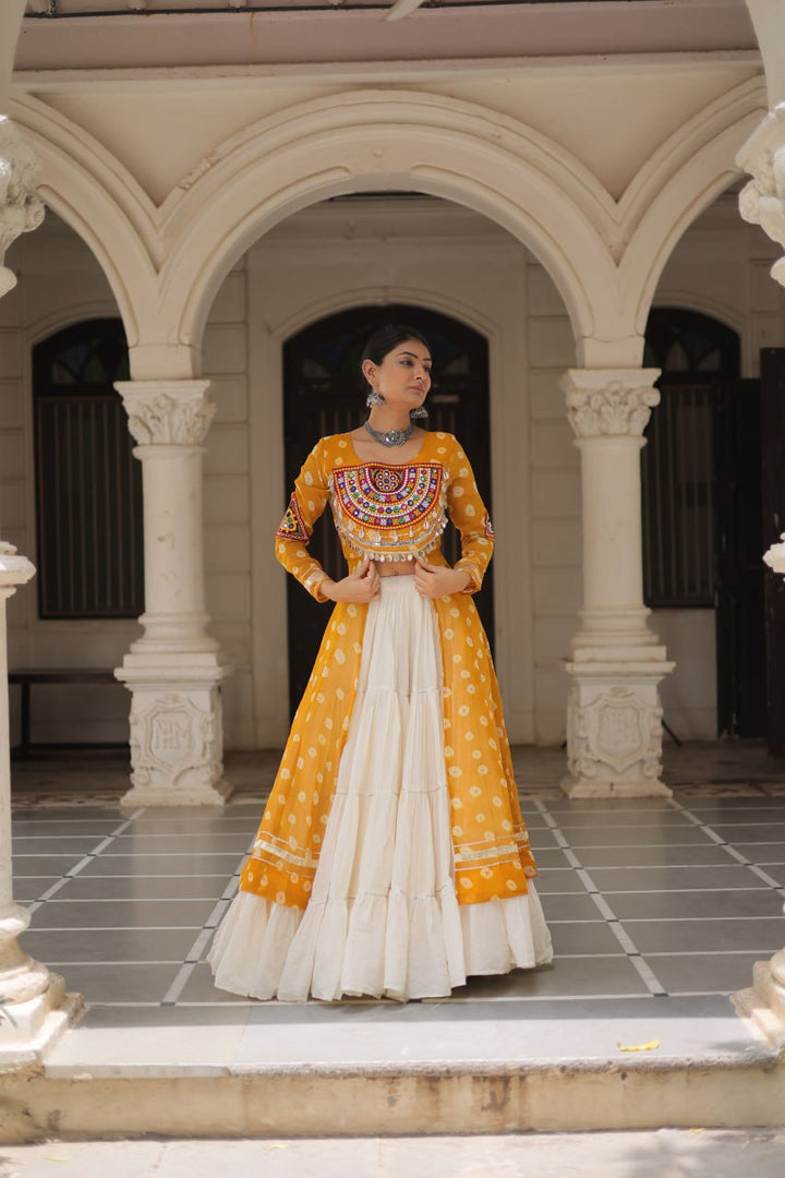 Yellow & Chiku Navratri Chaniya Choli with Mirror Work – Traditional Garba & Dandiya Outfit for Women