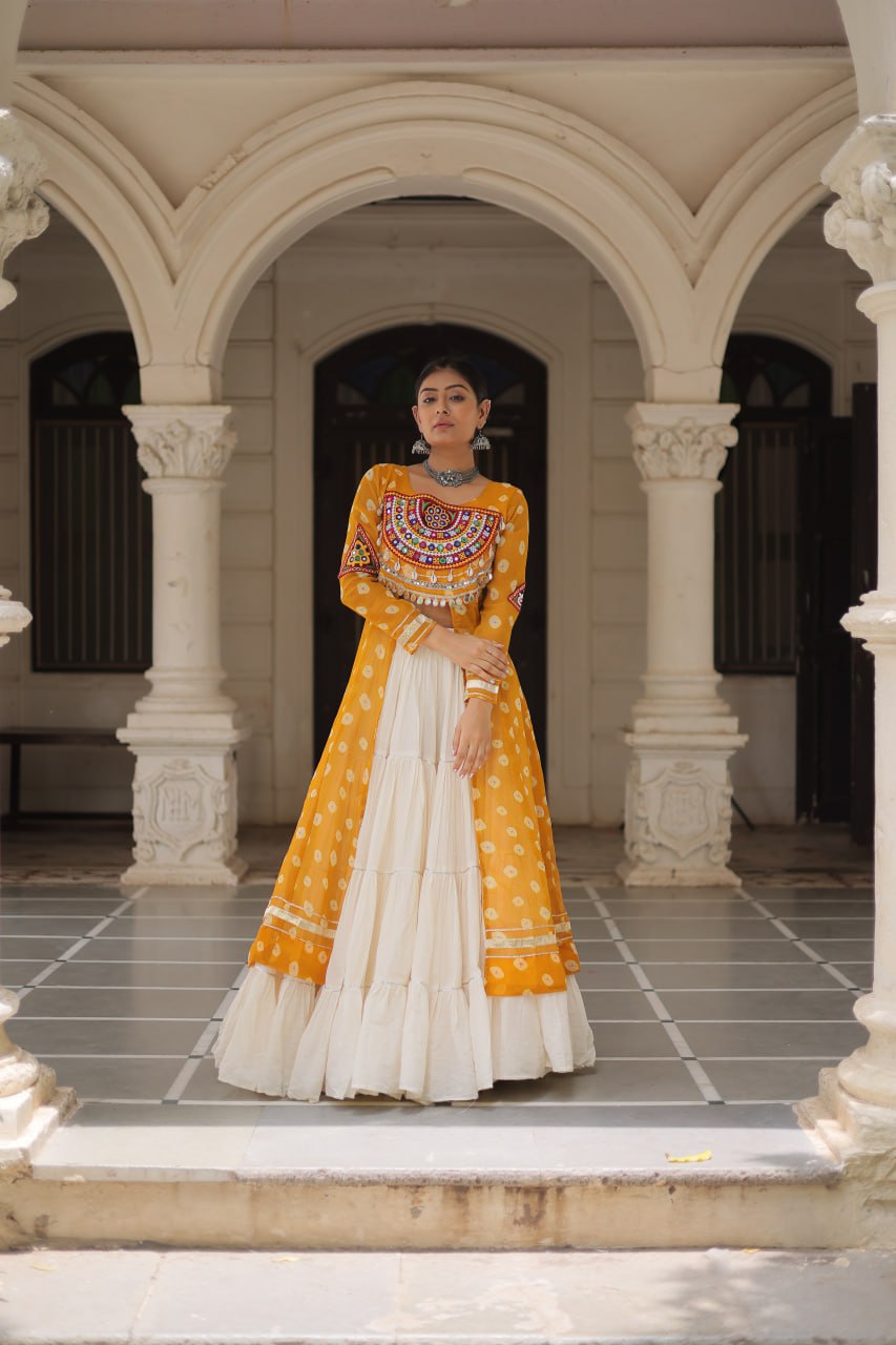 Yellow & Chiku Navratri Chaniya Choli with Mirror Work – Traditional Garba & Dandiya Outfit for Women