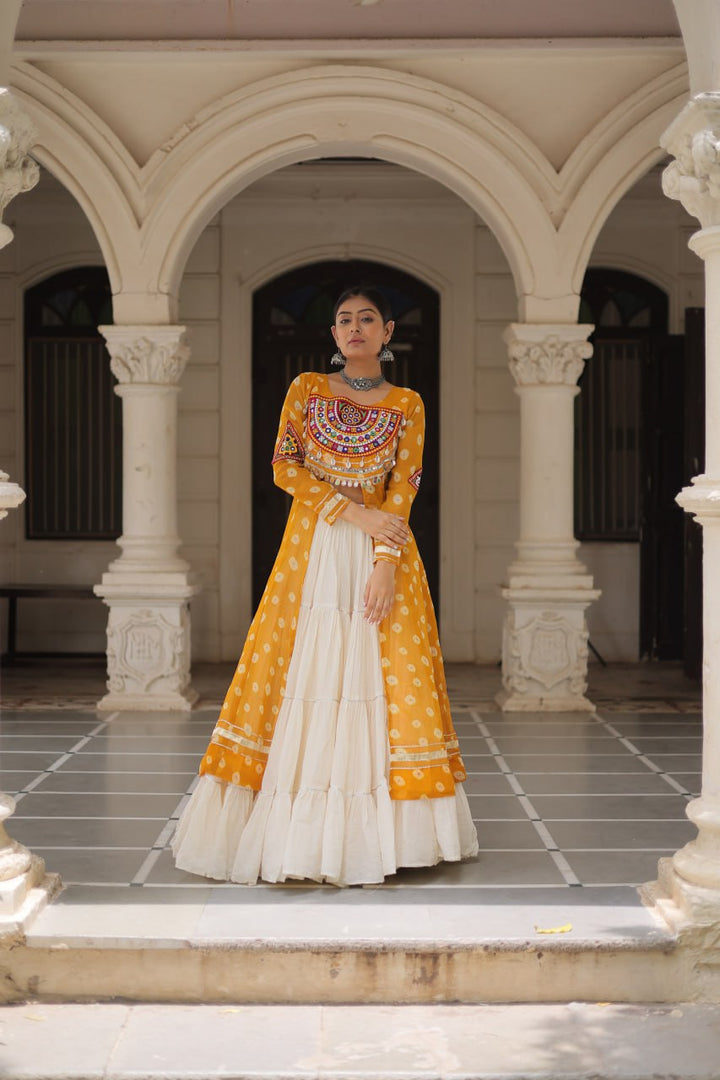 Yellow & Chiku Navratri Chaniya Choli with Mirror Work – Traditional Garba & Dandiya Outfit for Women