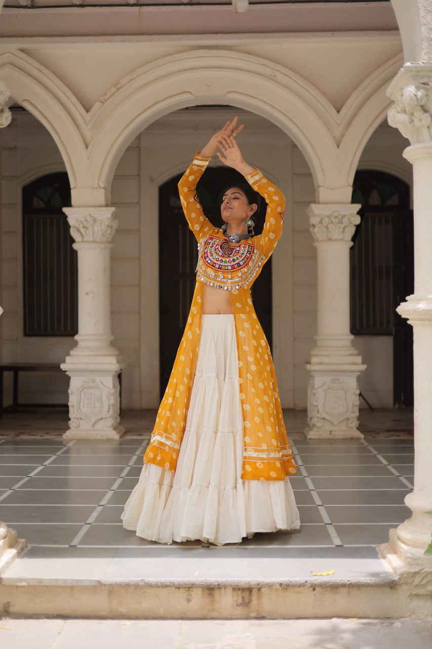 Yellow & Chiku Navratri Chaniya Choli with Mirror Work – Traditional Garba & Dandiya Outfit for Women