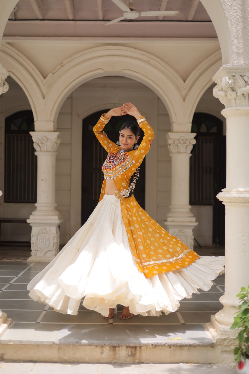 Yellow & Chiku Navratri Chaniya Choli with Mirror Work – Traditional Garba & Dandiya Outfit for Women