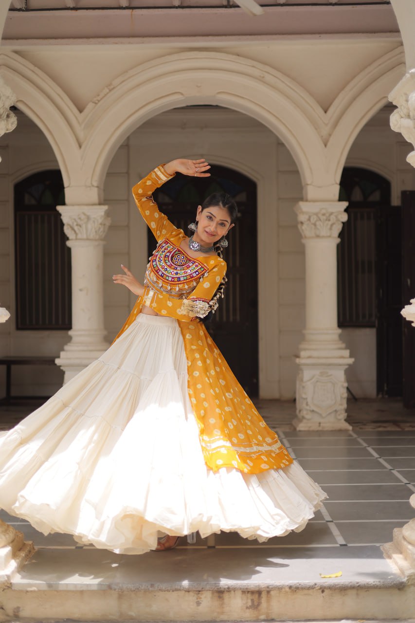 Yellow & Chiku Navratri Chaniya Choli with Mirror Work – Traditional Garba & Dandiya Outfit for Women